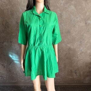 Green Button-Up Dress Sz S Cotton Blend Linen Day Dress, Casual Christmas Dress